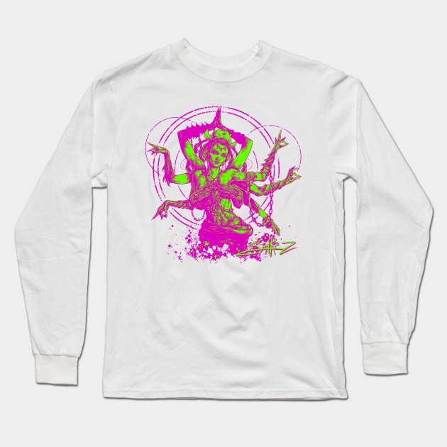 Kali Goddess Pink Green Long Sleeve T-Shirt by SuarezArt